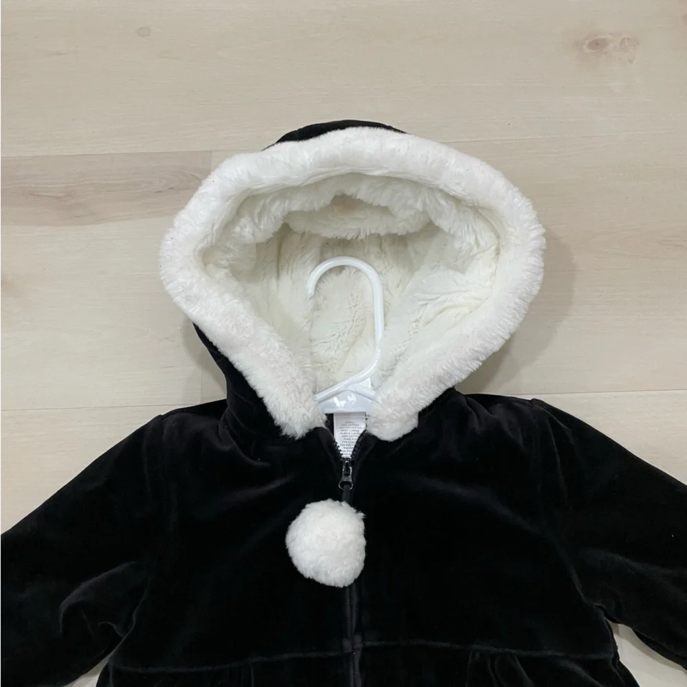 Janie and Jack Girls 2T Velour Jacket Black White Full Zip FauxFur Plushy Hood